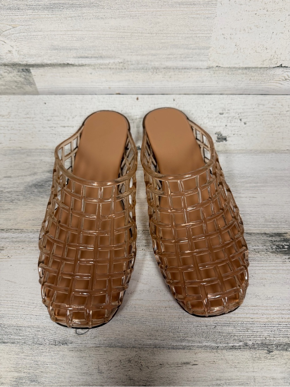 Caroline Constas Tan Woven Jelly Slide Mules